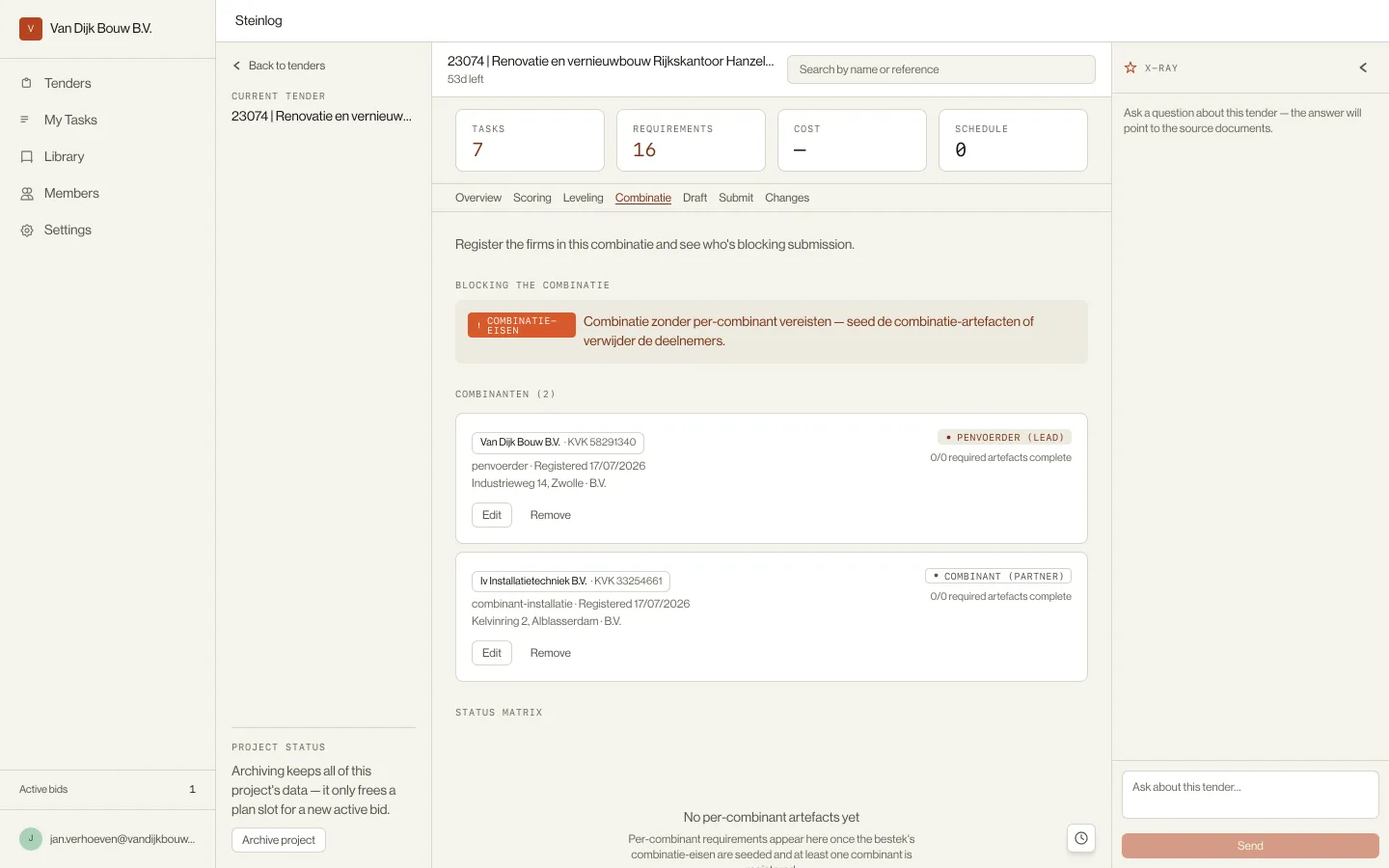 The combinatie panel: penvoerder and combinant registered with their KVK numbers and addresses, each with its own per-firm artefact status, and a banner naming what is still blocking submission.