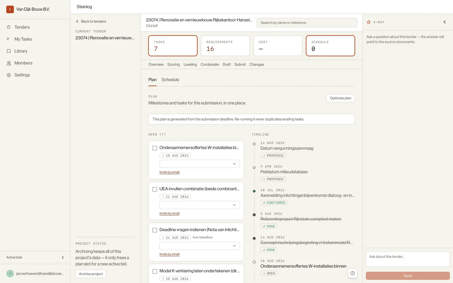 The plan panel: cascade-generated Dutch deadline tasks with owners and dates, next to the extracted milestone timeline.