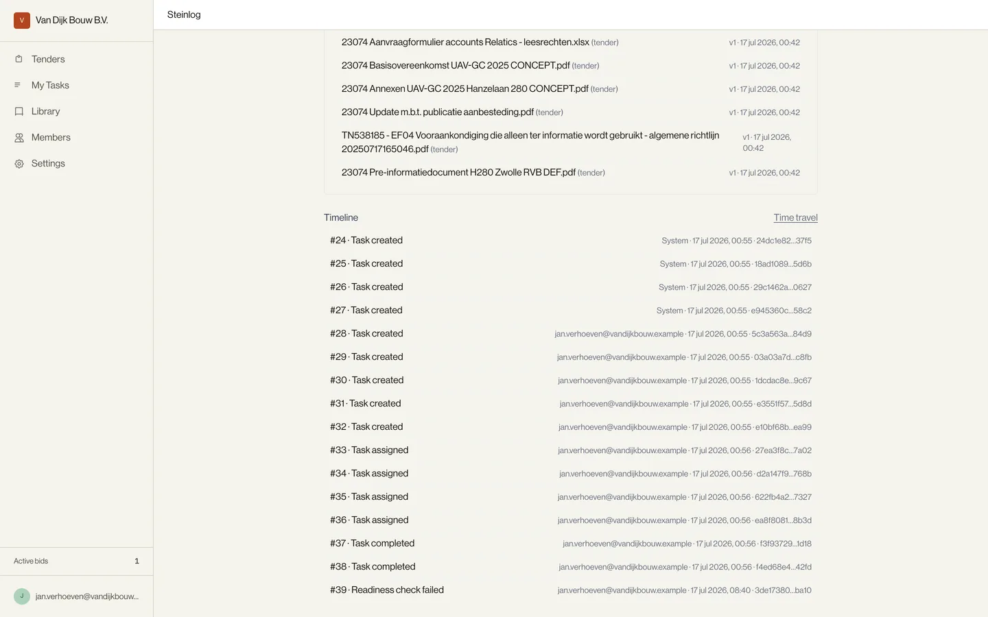 The provenance timeline: hash-chained events #24 to #39 — tasks created, assigned and completed, ending in a readiness check that failed — each attributed to a person or the system, with a timestamp and a chain hash.