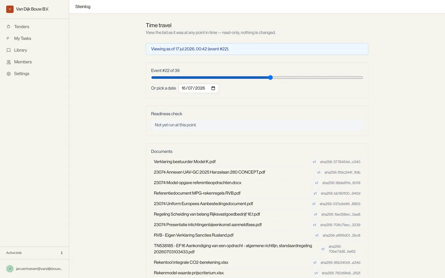 The time travel view: the demo bid replayed to event #22 of 39 — the readiness check had not been run yet at that point, and every document is listed at its version with its sha256 hash.